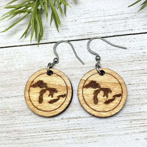 Great Lakes Wooden Engraved Earrings