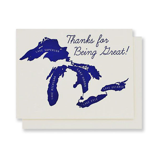 Card with a map of the Great Lakes and 'Thanks for Being Great!' text on a white background